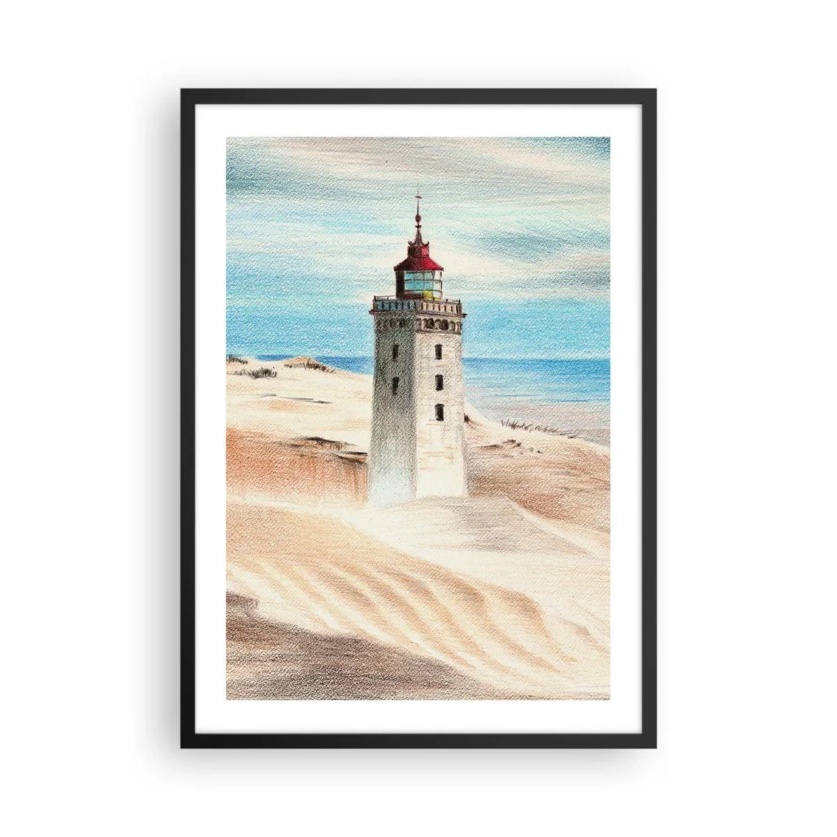 Poster în ramă neagră - Un far pe fundalul dunelor de nisip și al unui cer albastru - 50x70cm - Privind mereu marea - Decorațiune modernă pentru perete pentru living și dormitor ARTTOR