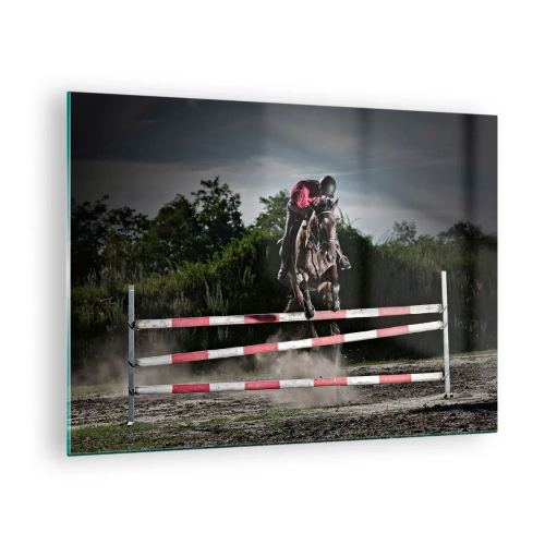 Tablou pe sticlă - Un călăreț pe un cal sare peste un obstacol pe fundalul naturii - 70x50cm - Împreună pentru victorie - Decorațiune modernă pentru perete pentru living și dormitor ARTTOR
