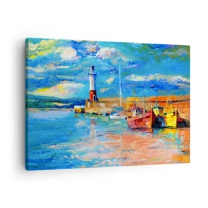 Tablou pe pânză Canvas - Port de pescuit cu bărci și un far în culori vii - 70x50cm - După-amiază în golful de curcubeu - Decorațiune modernă pentru perete pentru living și dormitor ARTTOR