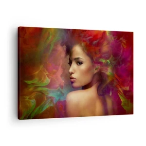 Tablou pe pânză Canvas - O femeie cu reflexii colorate creând un fundal abstract - 70x50cm - Mai frumoasă decât un curcubeu, delicată ca o ceață - Decorațiune modernă pentru perete pentru living și dormitor ARTTOR
