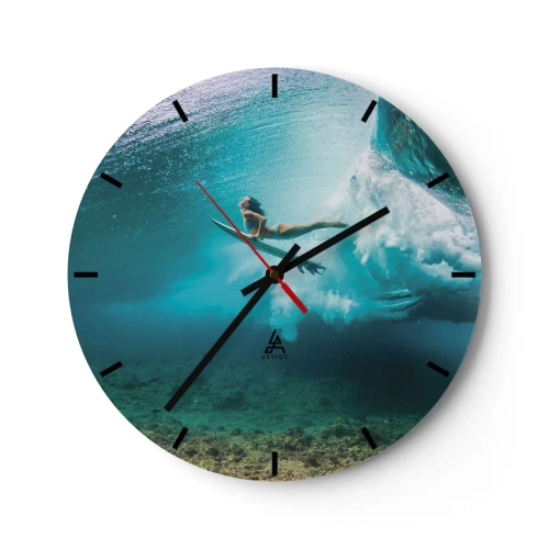 Ceas de perete - Ceas pe sticlă - Un surfer călărește un val în apă cristalină - 30x30cm - Lumea subacvatică - Decorațiune modernă pentru perete pentru living, bucătărie și dormitor ARTTOR