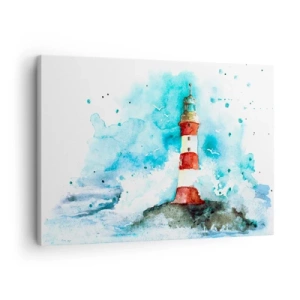 Tablou pe pânză Canvas - Un far într-un decor de acuarelă cu un fundal albastru - 70x50cm - Unitatea forțelor naturii - Decorațiune modernă pentru perete pentru living și dormitor ARTTOR