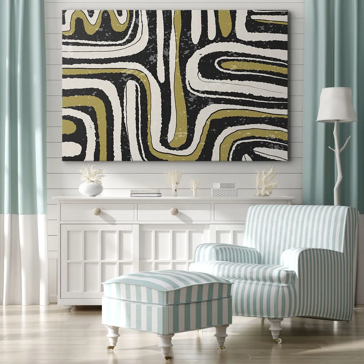 Tablou pe pânză Canvas - Model abstract în negru, alb și auriu - 70x50cm - Compoziție: pasaje și alei - Decorațiune modernă pentru perete pentru living și dormitor ARTTOR