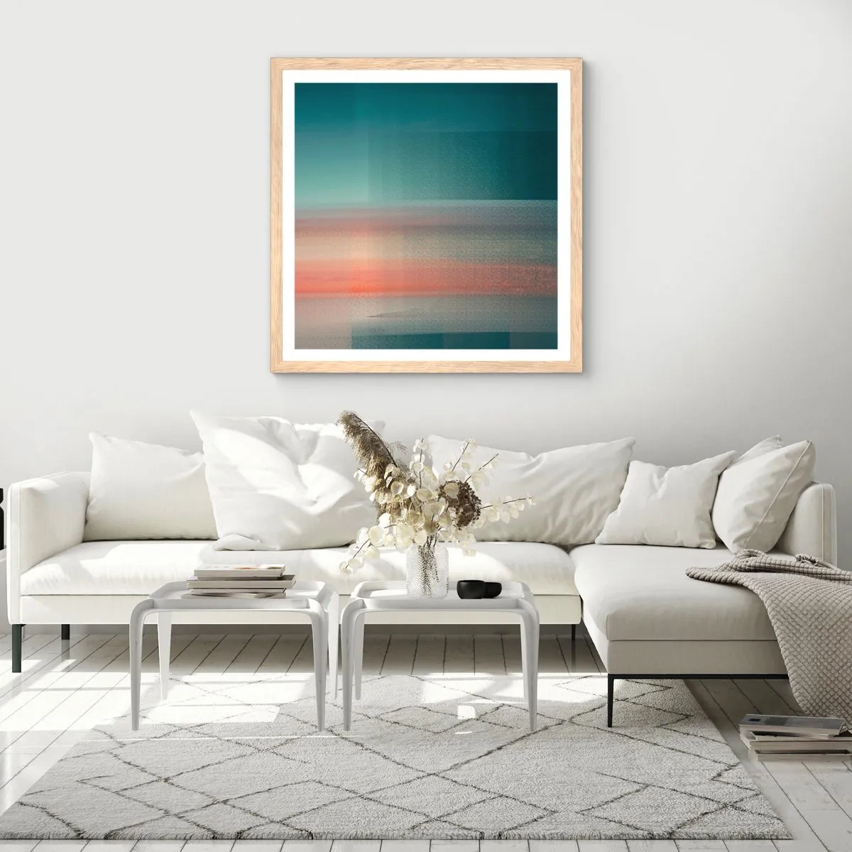 Poster în ramă de stejar deschis - Abstracție: unde de lumină - 60x60 cm