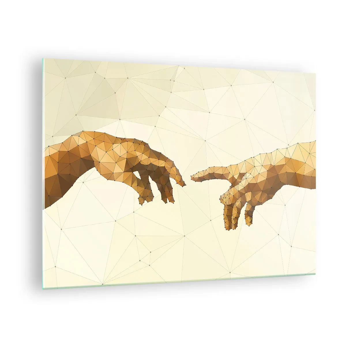Tablou pe sticlă - O versiune stilizată a picturii „Crearea lui Adam” în tehnica poligonului - 70x50cm - Geometrie divină - Decorațiune modernă pentru perete pentru living și dormitor ARTTOR