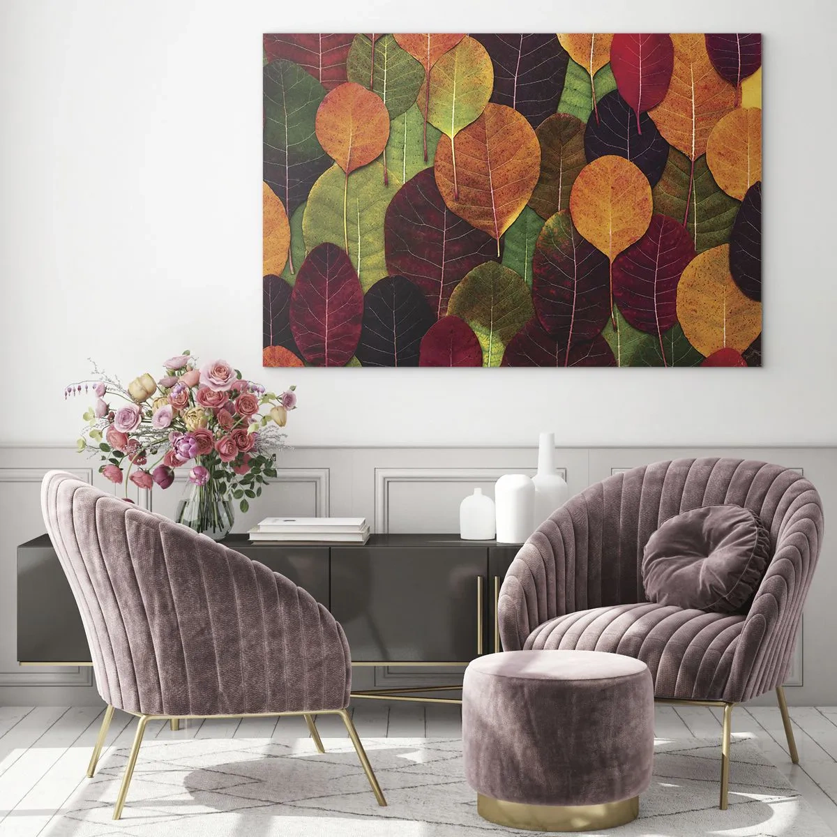 Tablou pe sticlă - Frunze colorate de toamnă într-un aranjament artistic - 70x50cm - Mozaic de toamnă - Decorațiune modernă pentru perete pentru living și dormitor ARTTOR