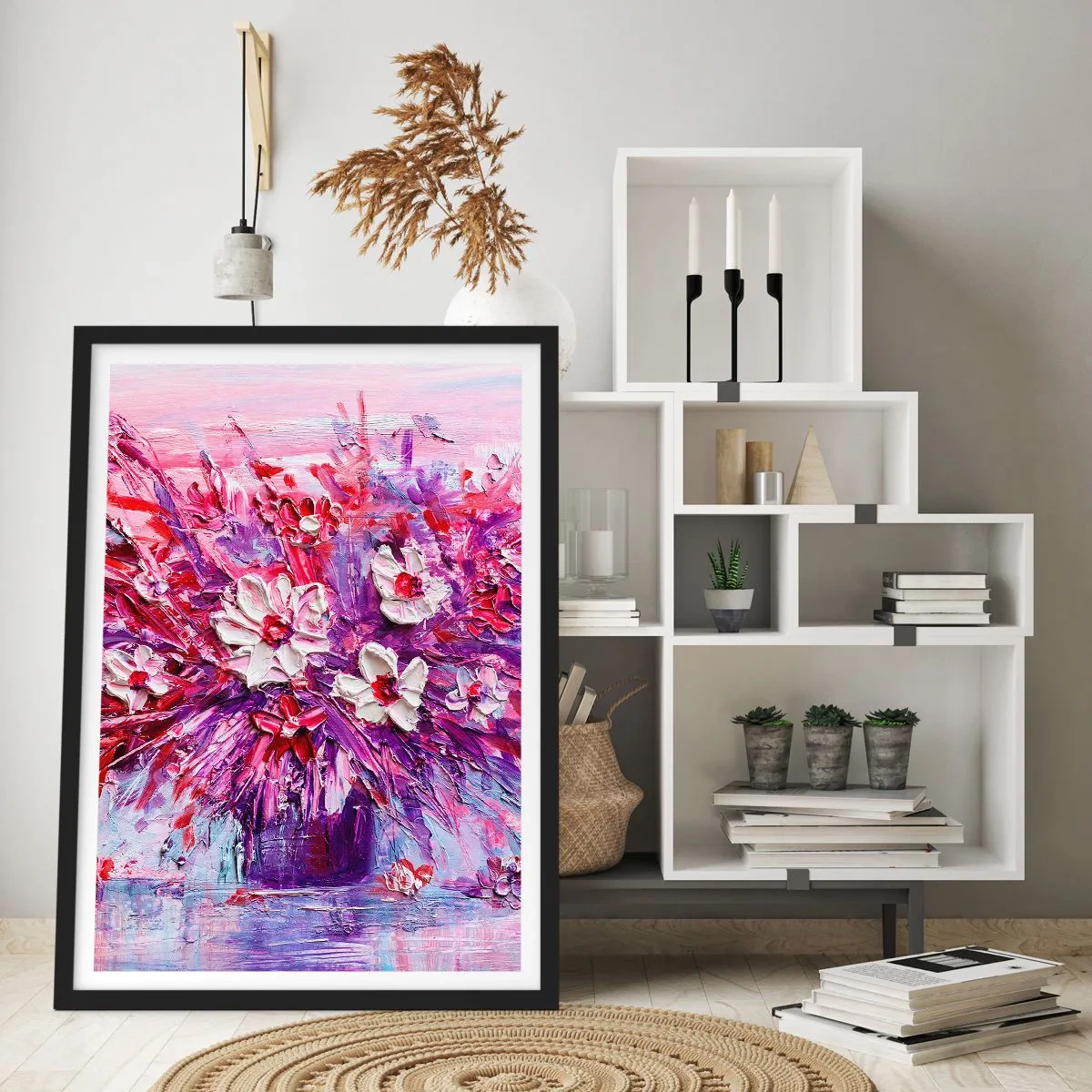 Poster în ramă neagră - Un buchet de flori în nuanțe de roz, violet și alb - 50x70cm - Inocență și pasiune - Decorațiune modernă pentru perete pentru living și dormitor ARTTOR