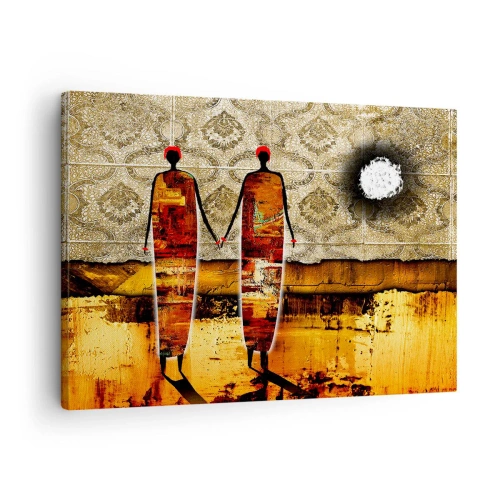Tablou pe pânză Canvas - O pereche abstractă de figuri pe un fundal de modele aurii și un peisaj. - 70x50cm - Compoziție etnică în culorile Africii - Decorațiune modernă pentru perete pentru living și dormitor ARTTOR