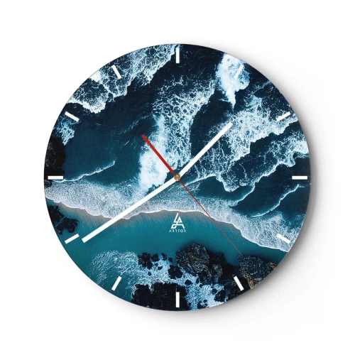 Ceas de perete - Ceas pe sticlă - Valuri care se izbesc de țărm văzute din perspectiva unei păsări - 30x30cm - Înfășurate în valuri - Decorațiune modernă pentru perete pentru living, bucătărie și dormitor ARTTOR