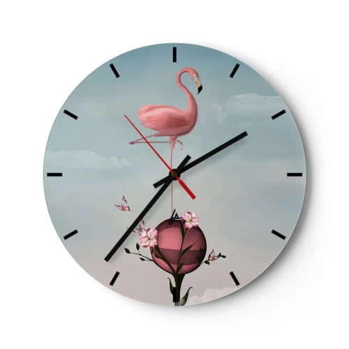 Ceas de perete - Ceas pe sticlă - Un flamingo roz stând pe o minge decorată cu flori. - 30x30cm - Alegoria mingii de baschet - Decorațiune modernă pentru perete pentru living, bucătărie și dormitor ARTTOR