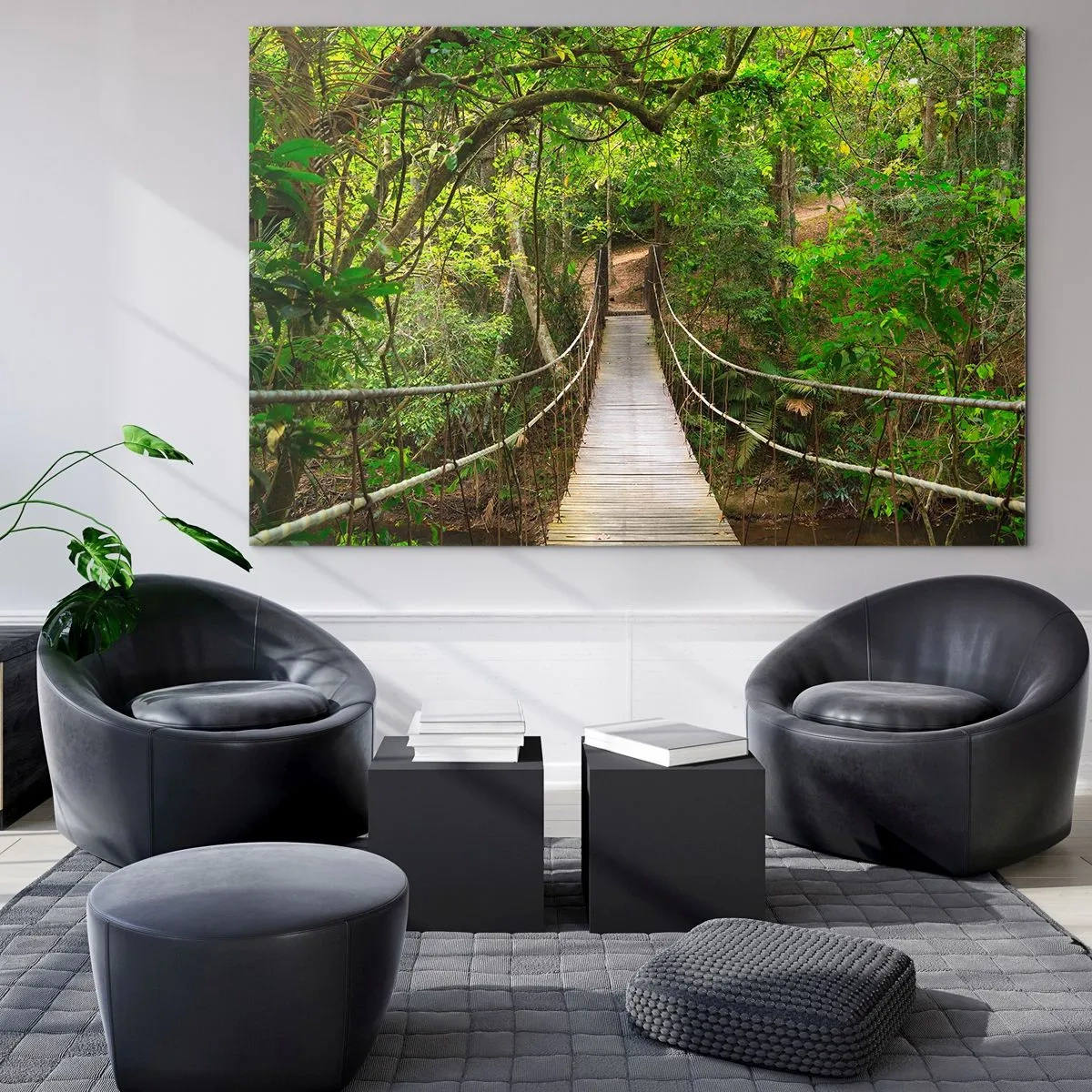 Tablou pe sticlă - Pod suspendat într-o pădure tropicală - 70x50cm - Pentru că în grădină crește o liană - Decorațiune modernă pentru perete pentru living și dormitor ARTTOR