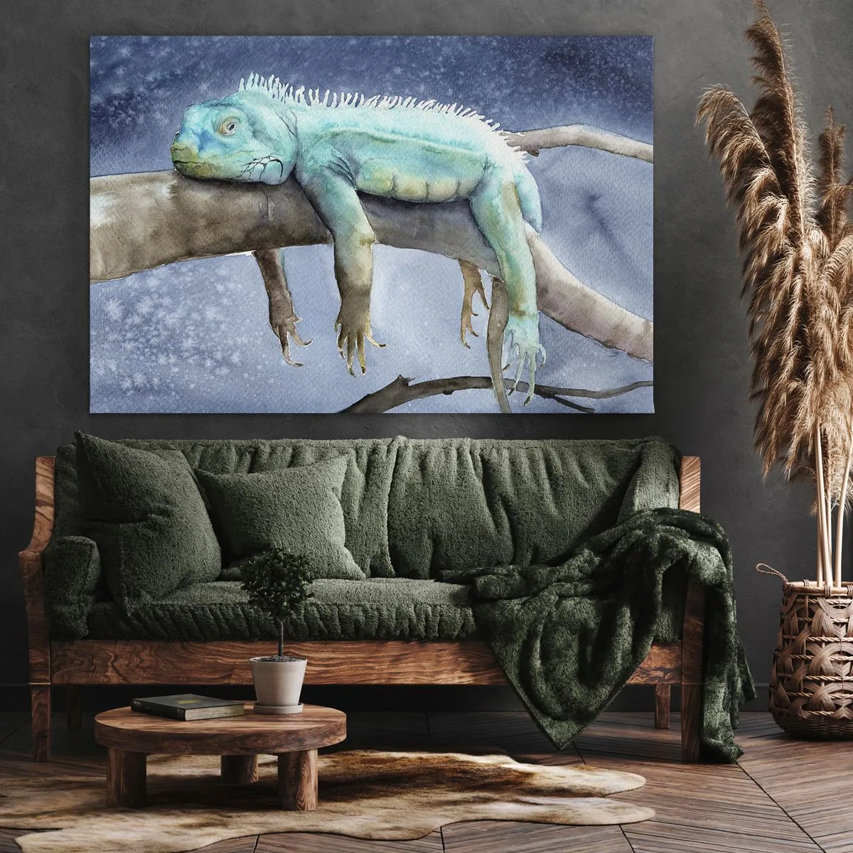 Tablou pe pânză Canvas - Iguana albastră odihnindu-se pe o creangă - 70x50cm - Este bine! - Decorațiune modernă pentru perete pentru living și dormitor ARTTOR