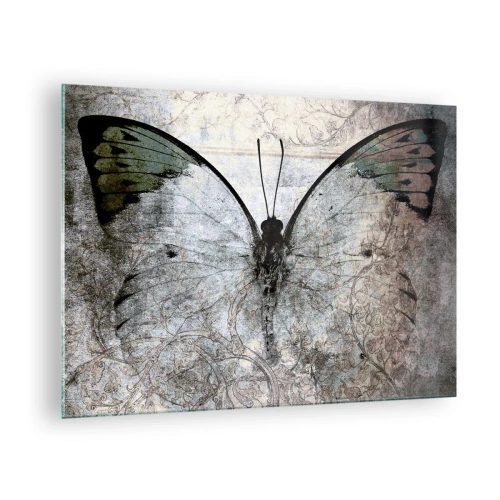 Tablou pe sticlă - Fluture abstract pe fundalul unui ornament vechi - 70x50cm - În decorul Art Nouveau - Decorațiune modernă pentru perete pentru living și dormitor ARTTOR
