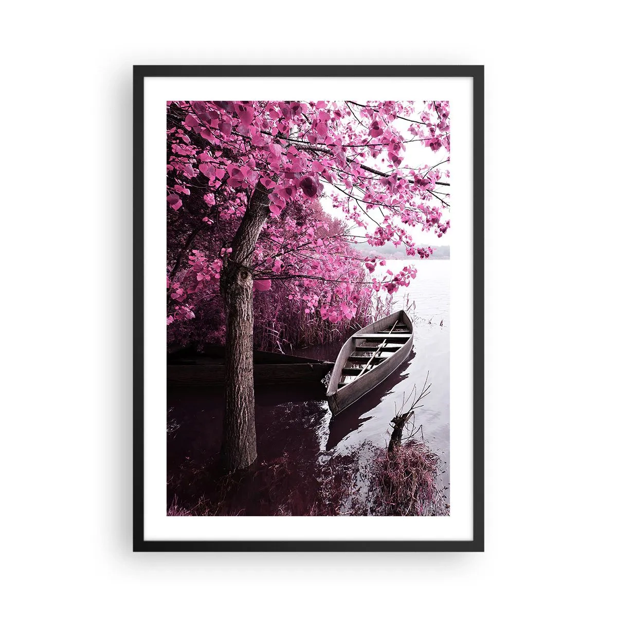 Poster în ramă neagră - O barcă pe malul unui lac sub un copac în frunze înflorite - 50x70cm - În tăcerea roz - Decorațiune modernă pentru perete pentru living și dormitor ARTTOR