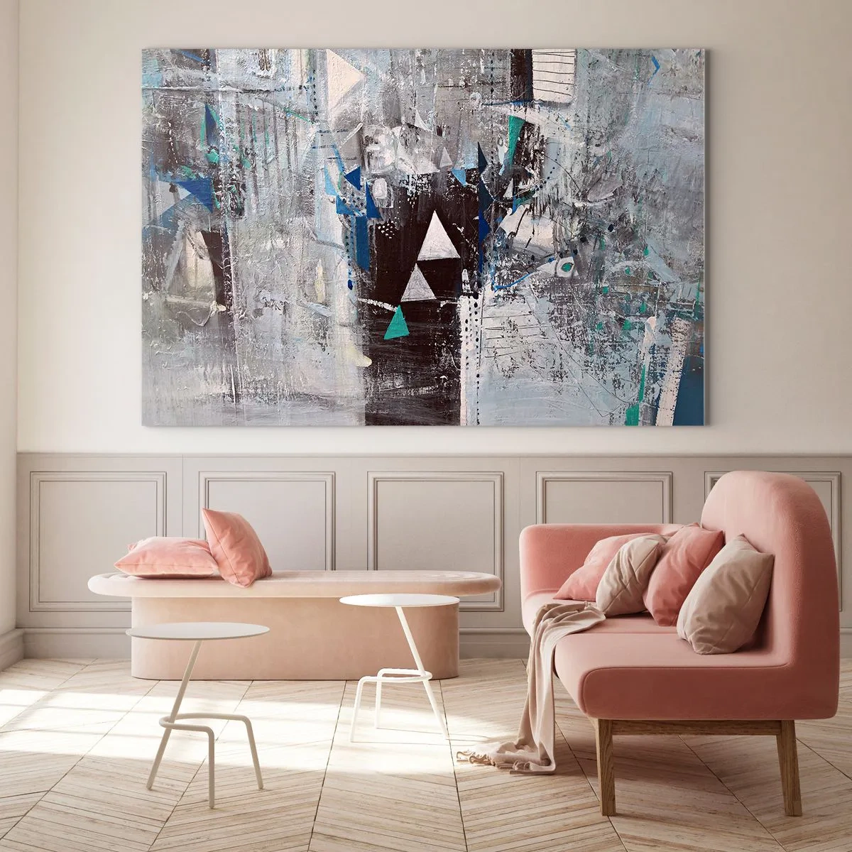 Tablou pe sticlă - Triunghiuri geometrice pe fundalul unei compoziții abstracte în nuanțe de gri. - 70x50cm - Ordinea superioară a triunghiurilor - Decorațiune modernă pentru perete pentru living și dormitor ARTTOR