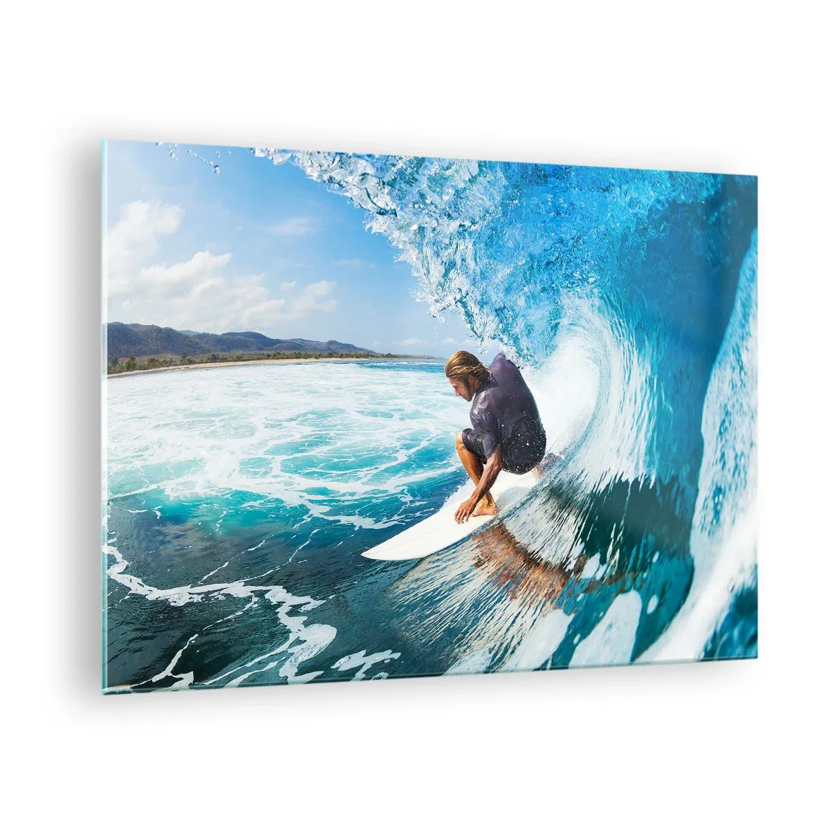 Tablou pe sticlă - Surfer într-un tunel acvatic cu oceanul în fundal - 70x50cm - Dansând cu valurile - Decorațiune modernă pentru perete pentru living și dormitor ARTTOR