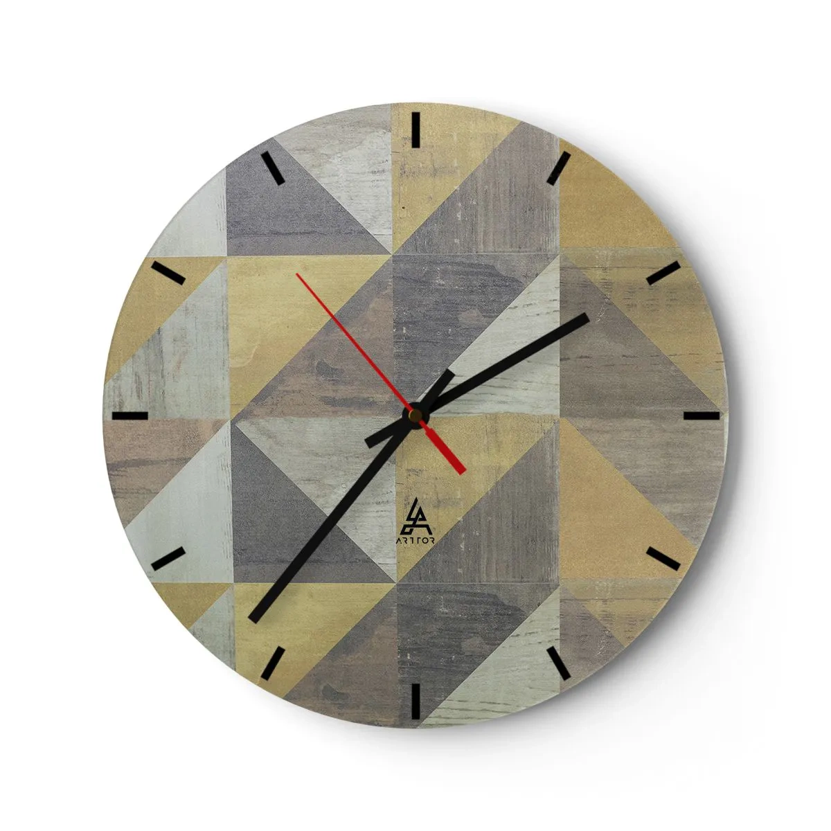Ceas de perete - Ceas pe sticlă - Model geometric de triunghiuri în nuanțe de gri și bej - 30x30cm - La unghiul triunghiului - Decorațiune modernă pentru perete pentru living, bucătărie și dormitor ARTTOR