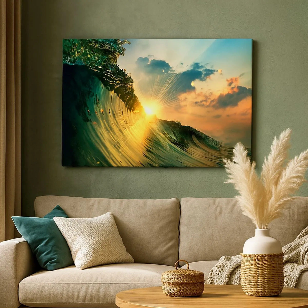Tablou pe pânză Canvas - Un val cu soarele apunând și nori iluminați - 70x50cm - Surferule, unde ești? - Decorațiune modernă pentru perete pentru living și dormitor ARTTOR