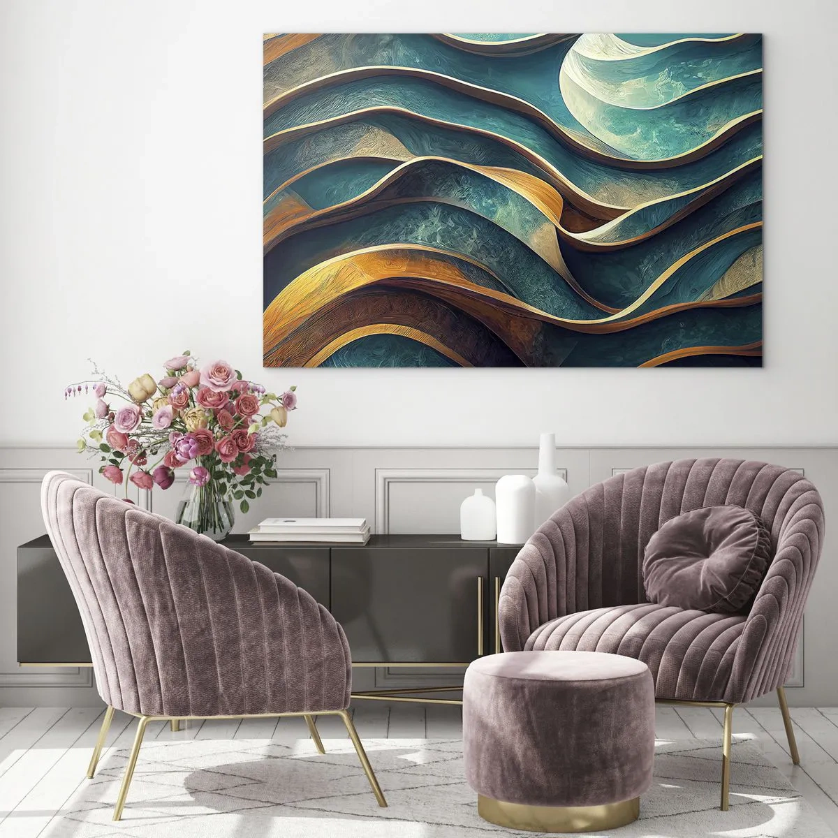 Tablou pe sticlă - Linii dinamice în albastru și cupru care creează valuri - 70x50cm - Meandre de albastru - Decorațiune modernă pentru perete pentru living și dormitor ARTTOR
