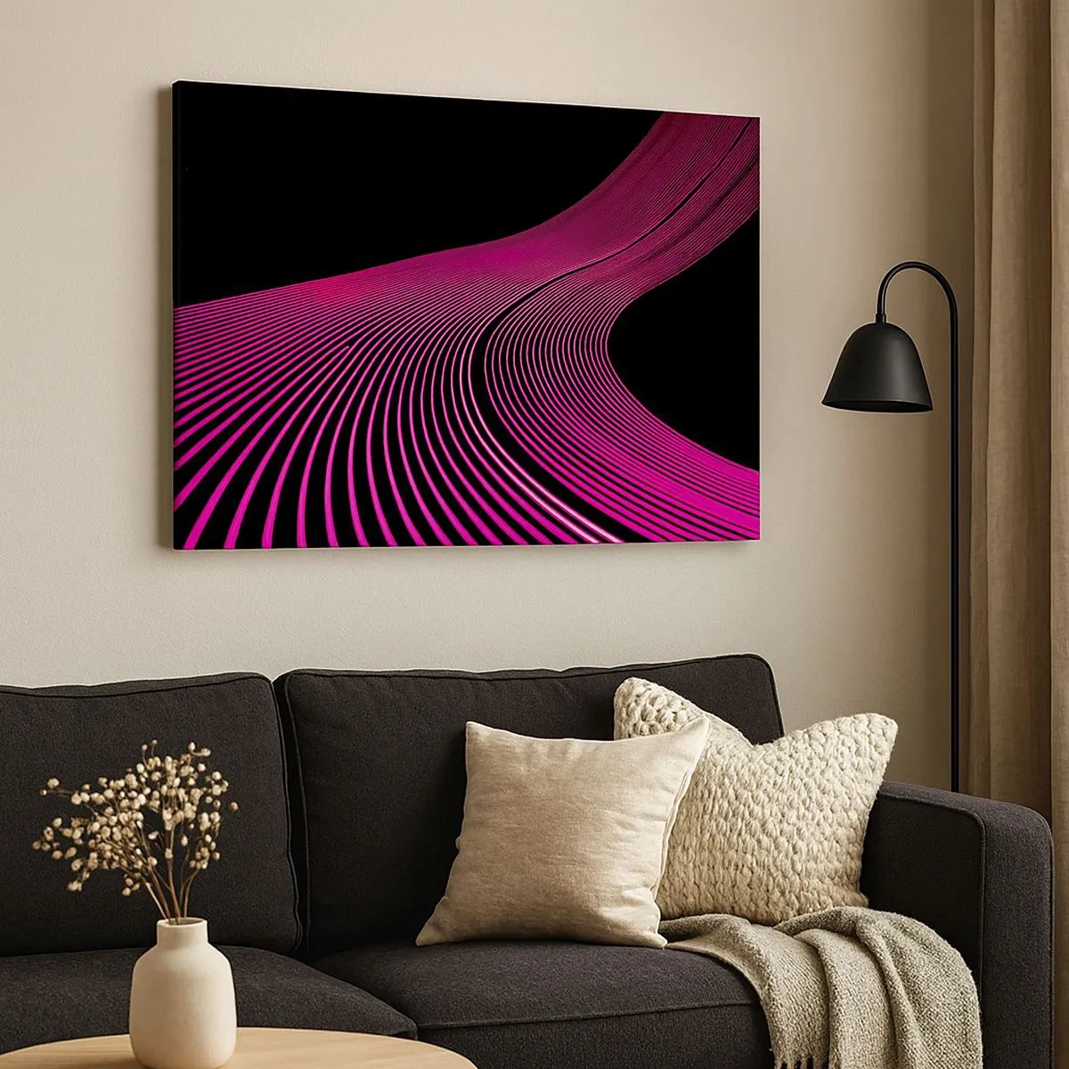 Tablou pe pânză Canvas - Linii futuriste în nuanțe de roz pe fundal negru - 70x50cm - Bulevardul de lumină - Decorațiune modernă pentru perete pentru living și dormitor ARTTOR