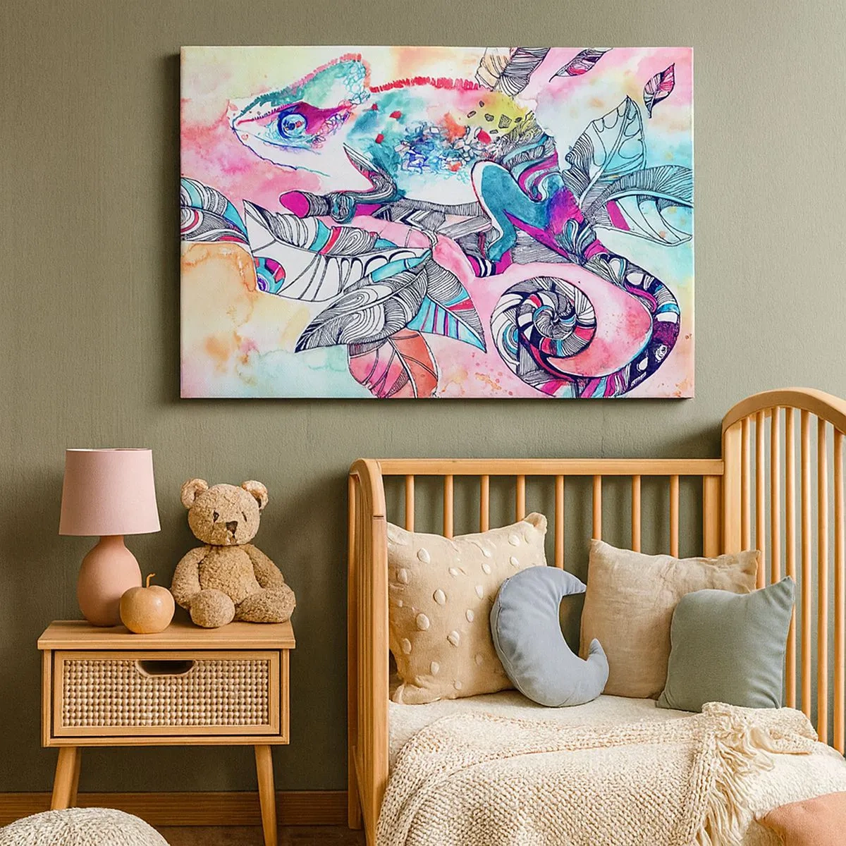 Tablou pe pânză Canvas - Cameleon colorat pe fundal abstract de frunze - 70x50cm - Colorat ca și lumea noastră - Decorațiune modernă pentru perete pentru living și dormitor ARTTOR