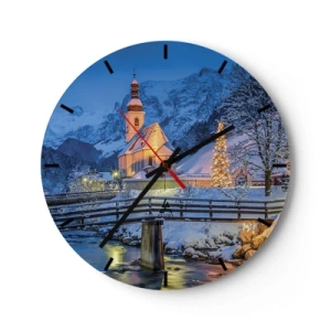 Ceas de perete - Ceas pe sticlă - Biserică într-un cadru de iarnă cu un brad de Crăciun - 30x30cm - Spiritul Crăciunului - Decorațiune modernă pentru perete pentru living, bucătărie și dormitor ARTTOR