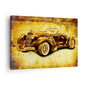 Tablou pe pânză Canvas - O decapotabilă retro aurie clasică pe un fundal vintage în culori calde. - 70x50cm - Elita elitelor - Decorațiune modernă pentru perete pentru living și dormitor ARTTOR