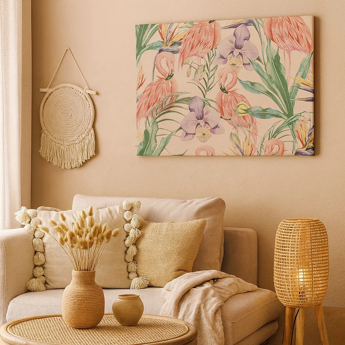 Tablou pe pânză Canvas - Flamingo și flori tropicale pe un fundal deschis - 70x50cm - Balet floral roz - Decorațiune modernă pentru perete pentru living și dormitor ARTTOR