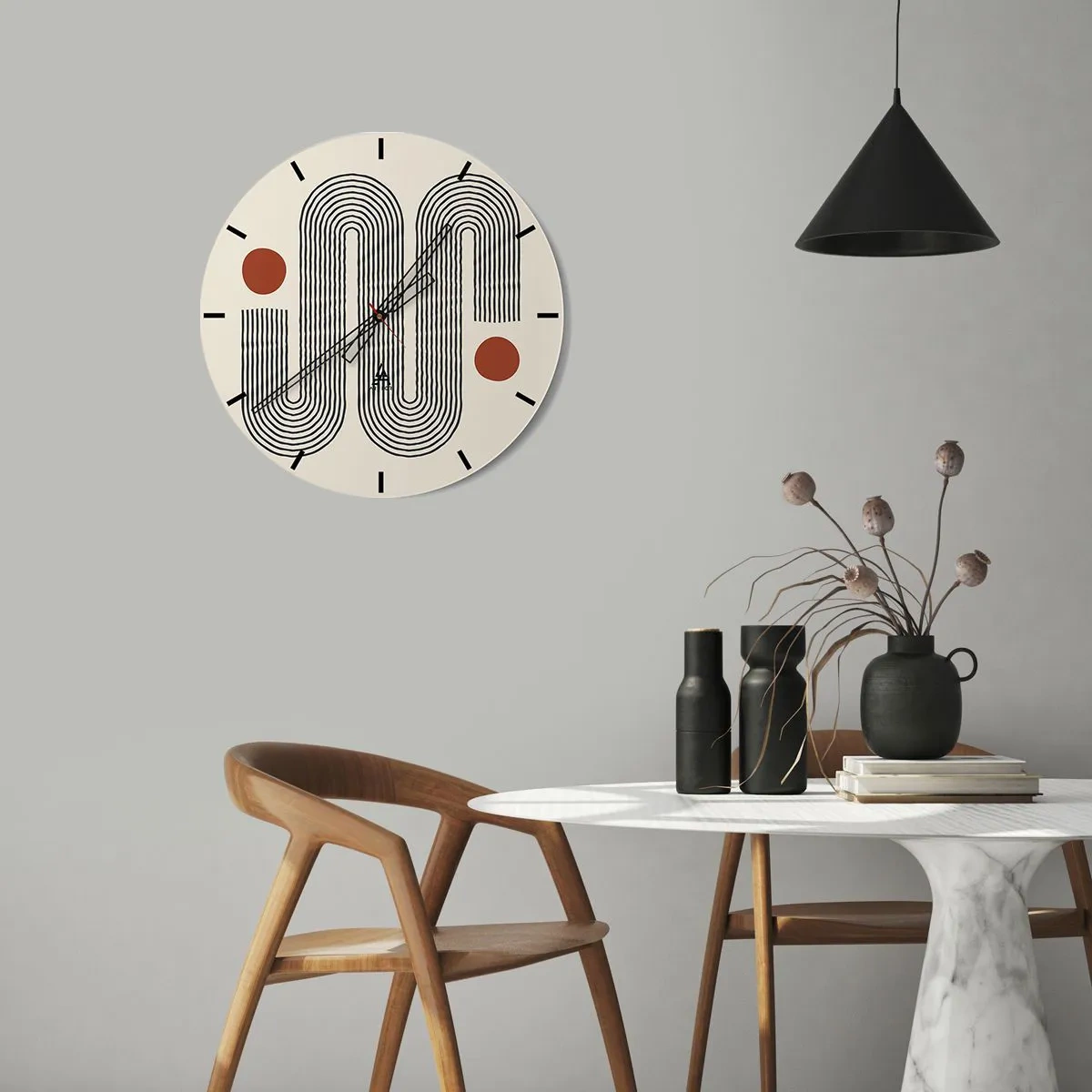Ceas de perete - Ceas pe sticlă - Un model minimalist cu linii negre și cercuri roșii pe un fundal crem. - 30x30cm - De la început până la sfârșit - Decorațiune modernă pentru perete pentru living, bucătărie și dormitor ARTTOR
