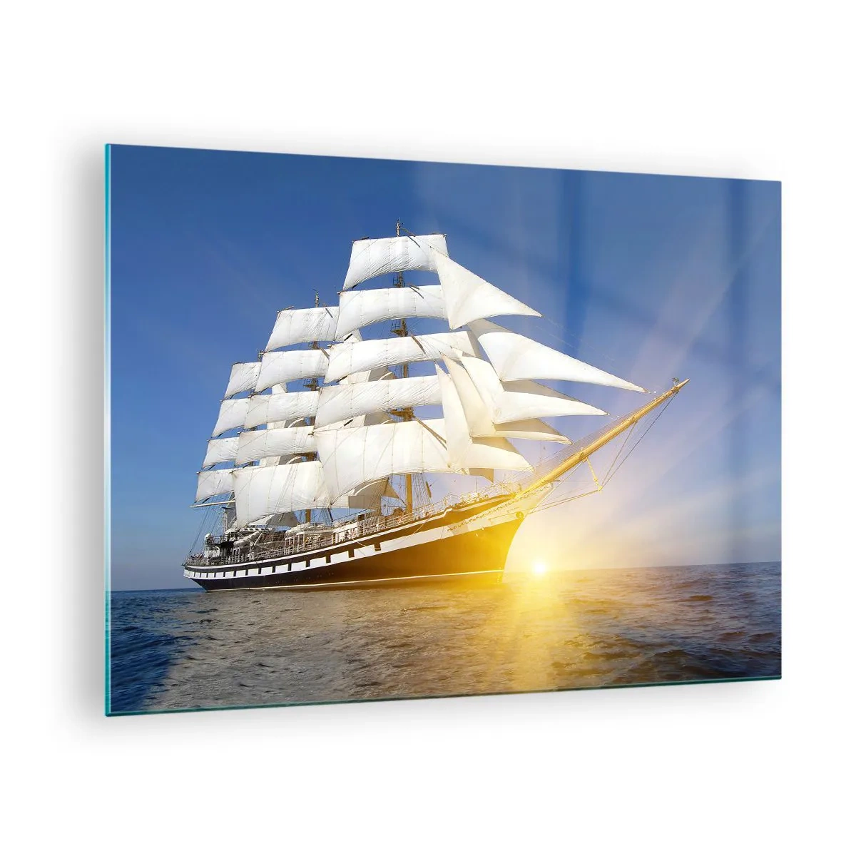 Tablou pe sticlă - O corabie cu pânze iluminată de razele soarelui în largul mării - 70x50cm - Timpul lor nu trece niciodată - Decorațiune modernă pentru perete pentru living și dormitor ARTTOR