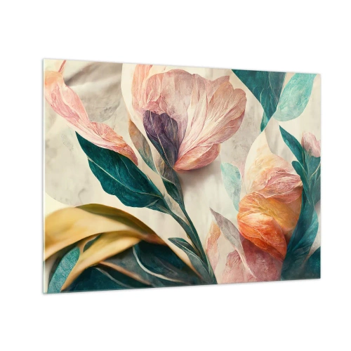 Tablou pe sticlă - Flori și frunze exotice în culori pastelate, în stil botanic - 70x50cm - Flori din insulele sudice - Decorațiune modernă pentru perete pentru living și dormitor ARTTOR