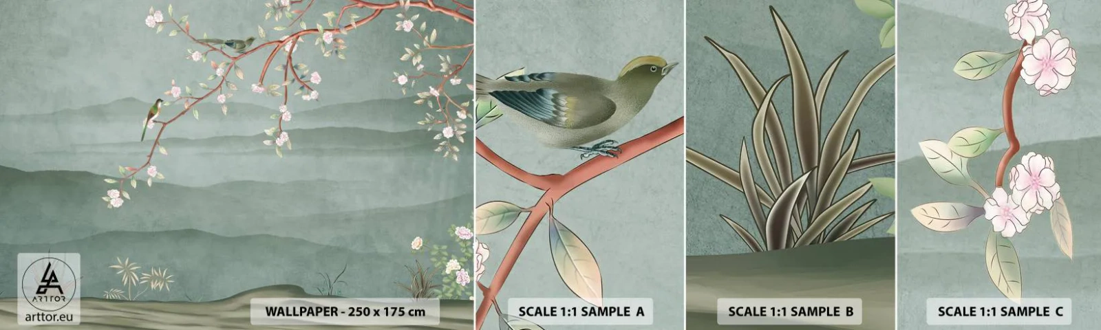 Mostră tapet autocolant Deluxe Sticker - Primăvara, ah, tu ești - Pastel, Păsări, Flori - 100x30 cm