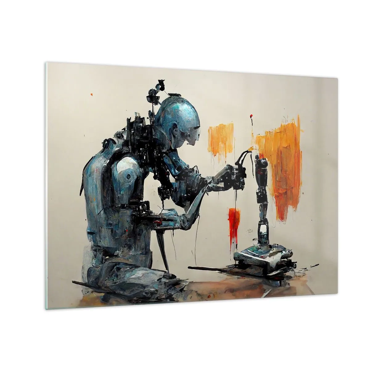 Tablou pe sticlă - Un robot pictând o mână mecanică pe un fundal abstract. - 70x50cm - Vine ziua de mâine..... - Decorațiune modernă pentru perete pentru living și dormitor ARTTOR