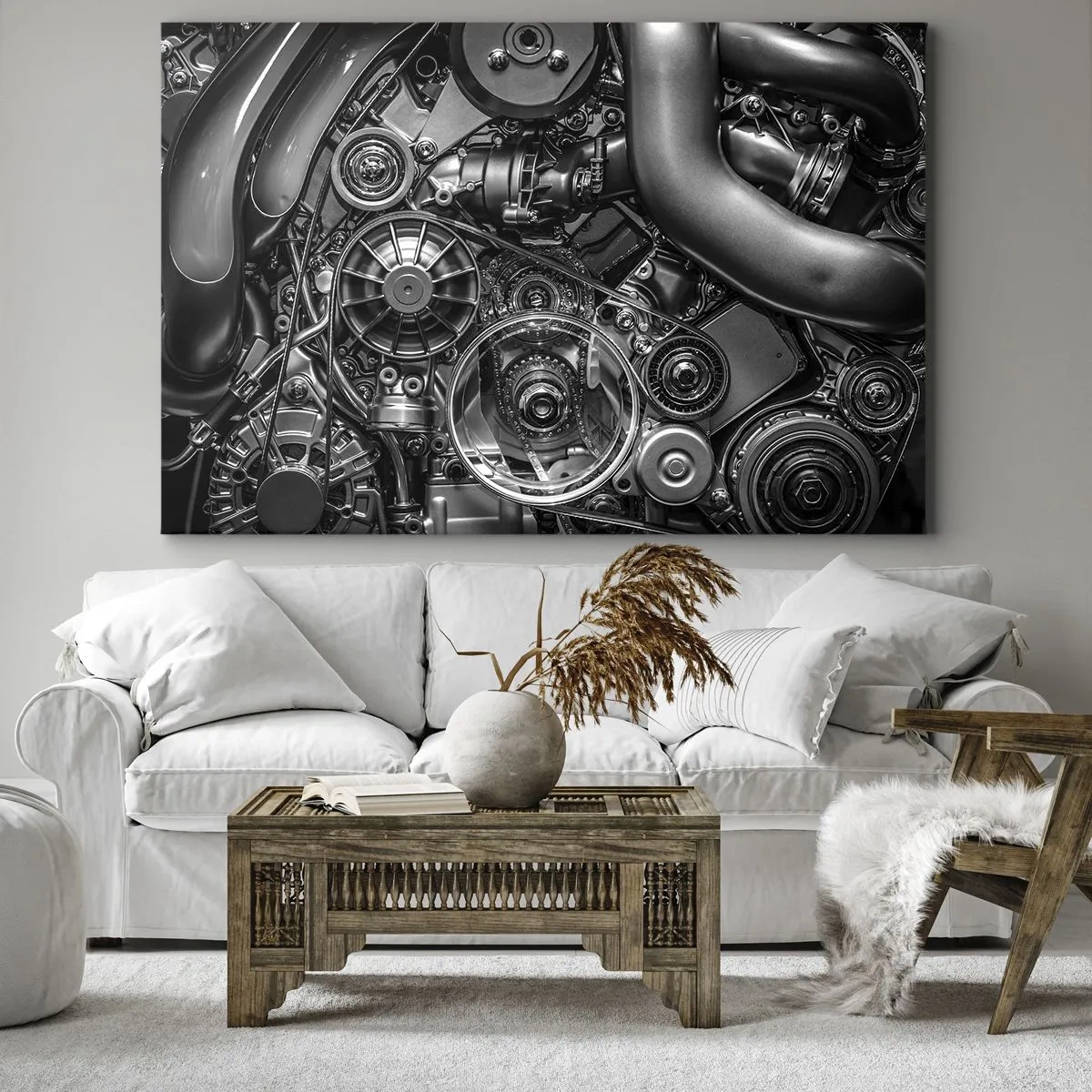 Tablou pe pânză Canvas - Prim-plan alb-negru al detaliilor mecanice ale unui motor de mașină. - 70x50cm - Poezia mecanicii - Decorațiune modernă pentru perete pentru living și dormitor ARTTOR