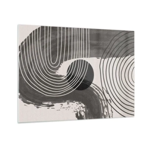 Tablou pe sticlă - Abstracție modernă cu linii albe și negre și un oval - 70x50cm - Ovalul câștigă - Decorațiune modernă pentru perete pentru living și dormitor ARTTOR