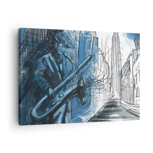 Tablou pe pânză Canvas - figură cântând la saxofon pe fundalul unui oraș - 70x50cm - Rapsodie urbană - Decorațiune modernă pentru perete pentru living și dormitor ARTTOR
