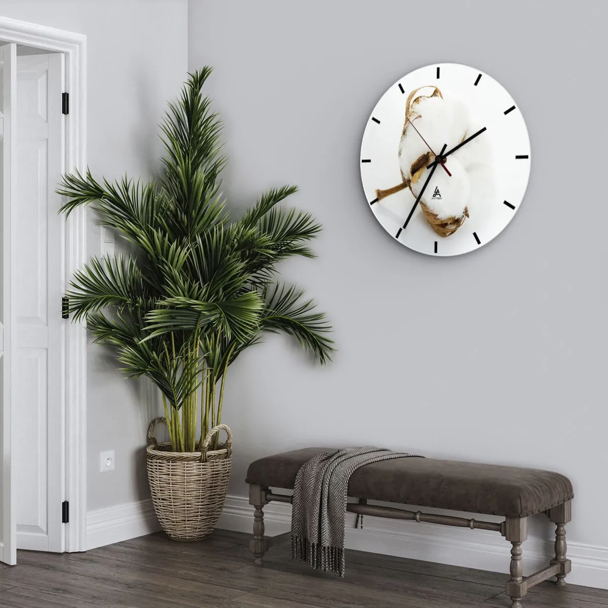 Ceas de perete - Ceas pe sticlă - O ramură de bumbac natural pe un fundal alb - 30x30cm - Moale prin natură - Decorațiune modernă pentru perete pentru living, bucătărie și dormitor ARTTOR