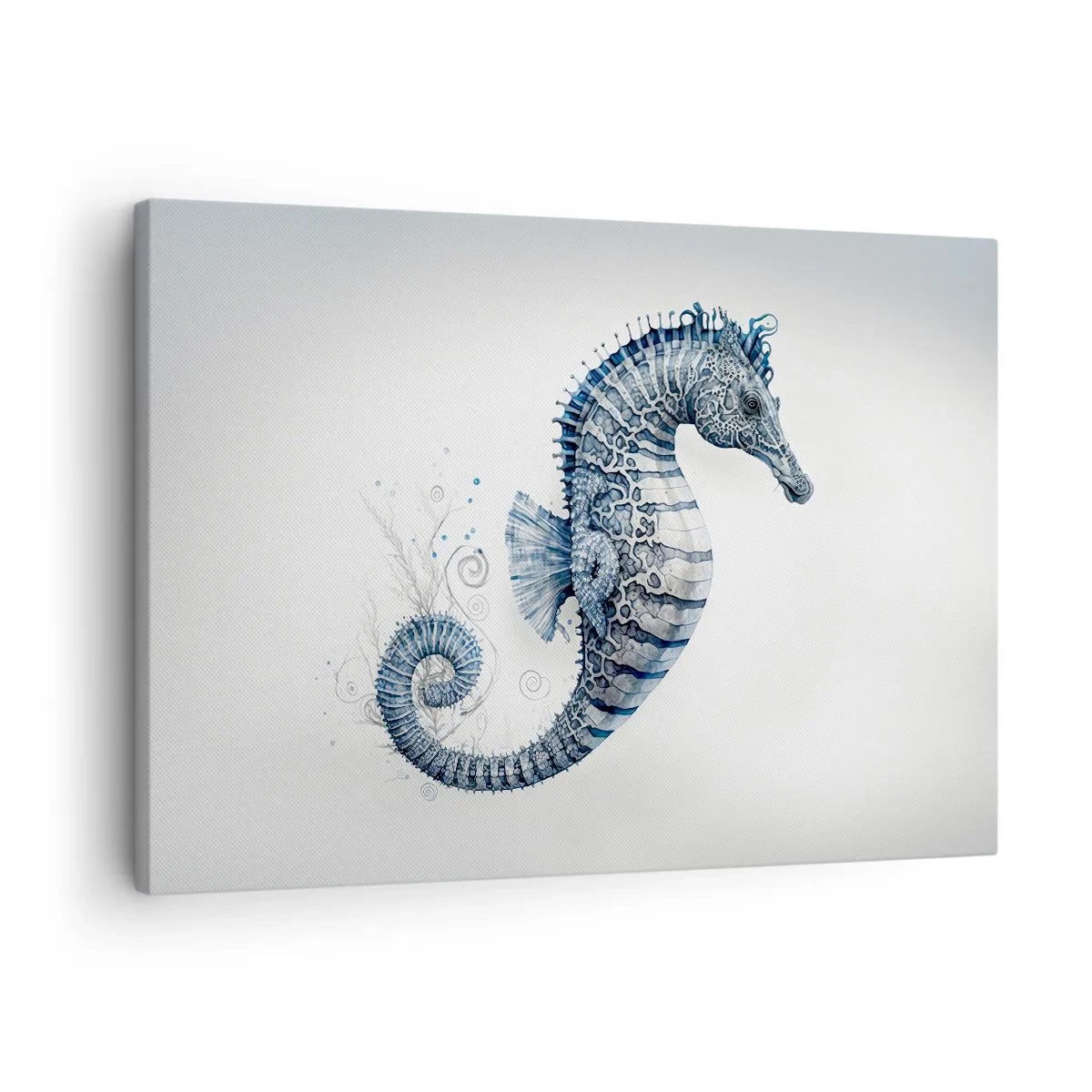 Tablou pe pânză Canvas - Căluț de mare în nuanțe de albastru cu detalii în acuarelă - 70x50cm - O glumă inocentă a naturii - Decorațiune modernă pentru perete pentru living și dormitor ARTTOR