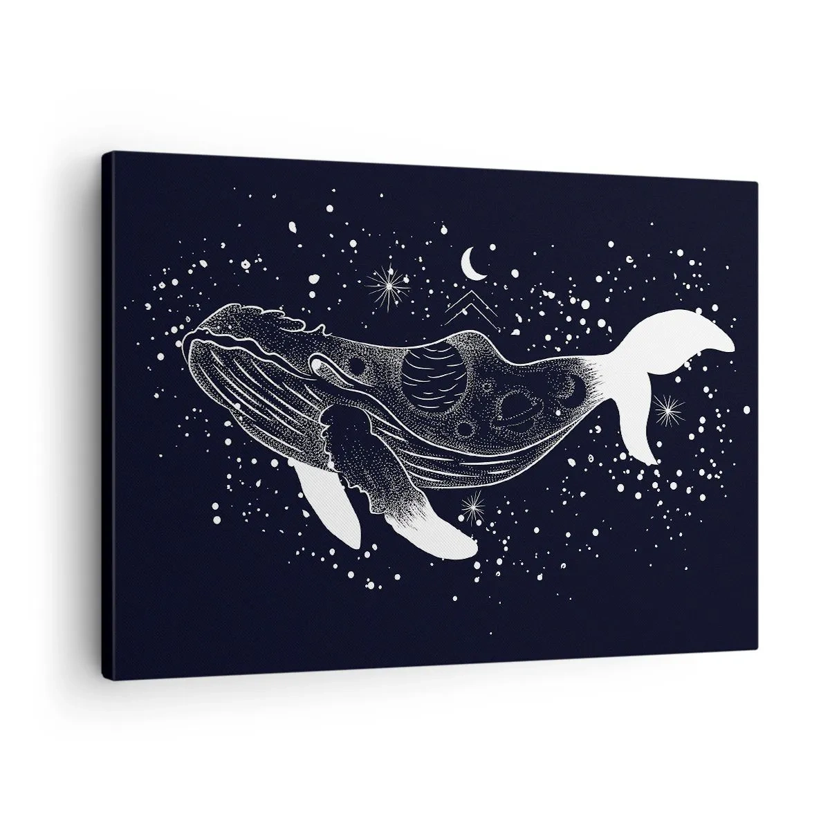 Tablou pe pânză Canvas - O ilustrație grafică a unei balene într-un stil de eră spațială. - 70x50cm - În oceanul universului - Decorațiune modernă pentru perete pentru living și dormitor ARTTOR