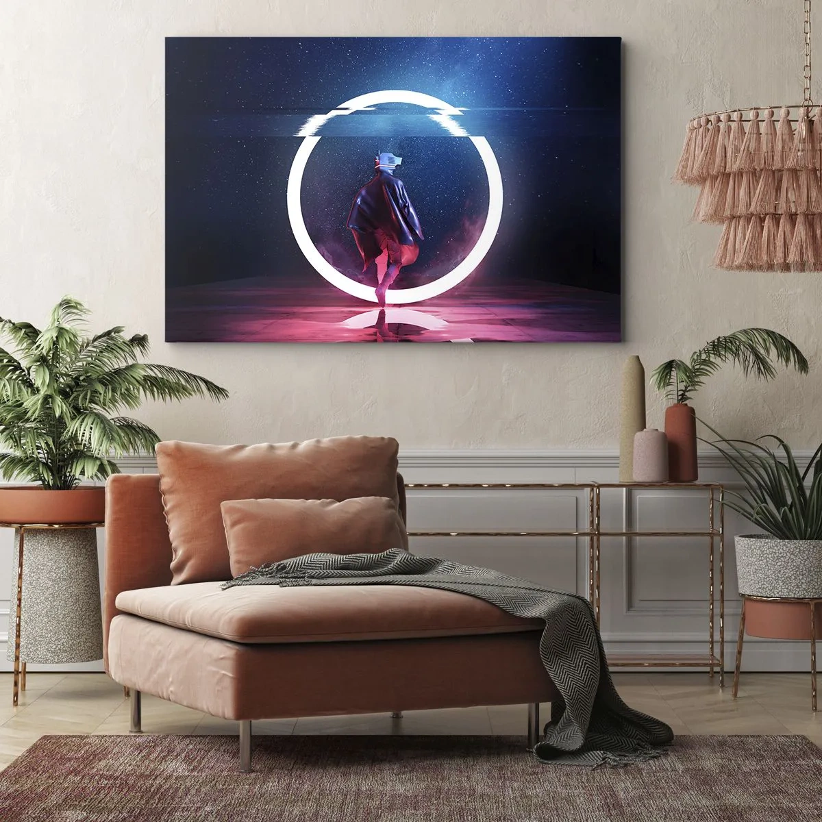 Tablou pe pânză Canvas - Un personaj într-un mediu futurist cu un cerc neon - 70x50cm - Între lumi - Decorațiune modernă pentru perete pentru living și dormitor ARTTOR
