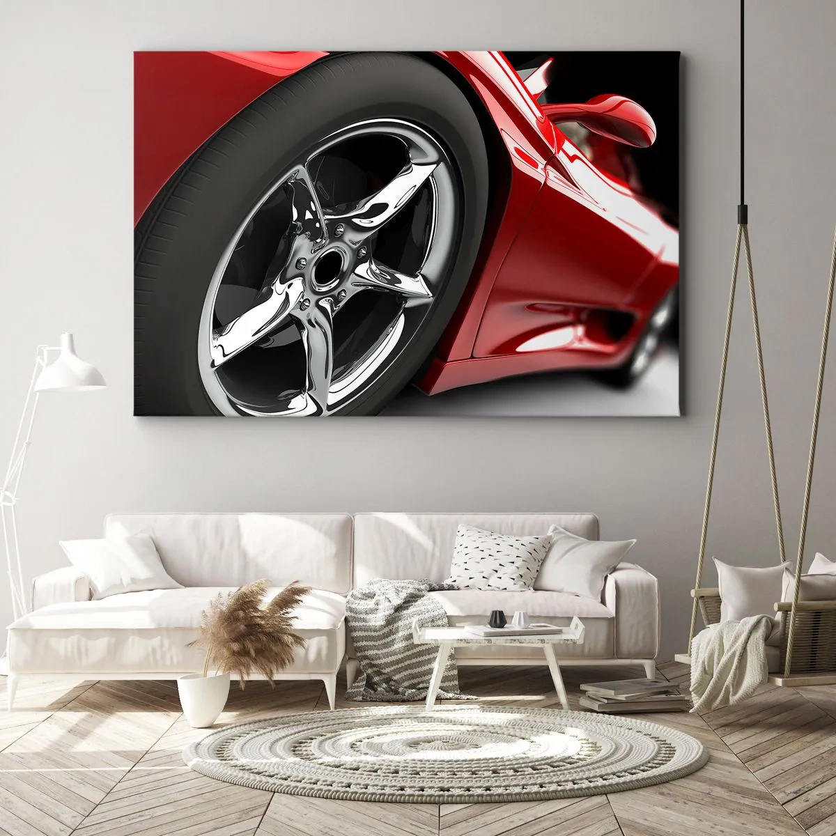 Tablou pe pânză Canvas - Mașină sport roșie cu jantă cromată - 70x50cm - Construit pentru viteză - Decorațiune modernă pentru perete pentru living și dormitor ARTTOR