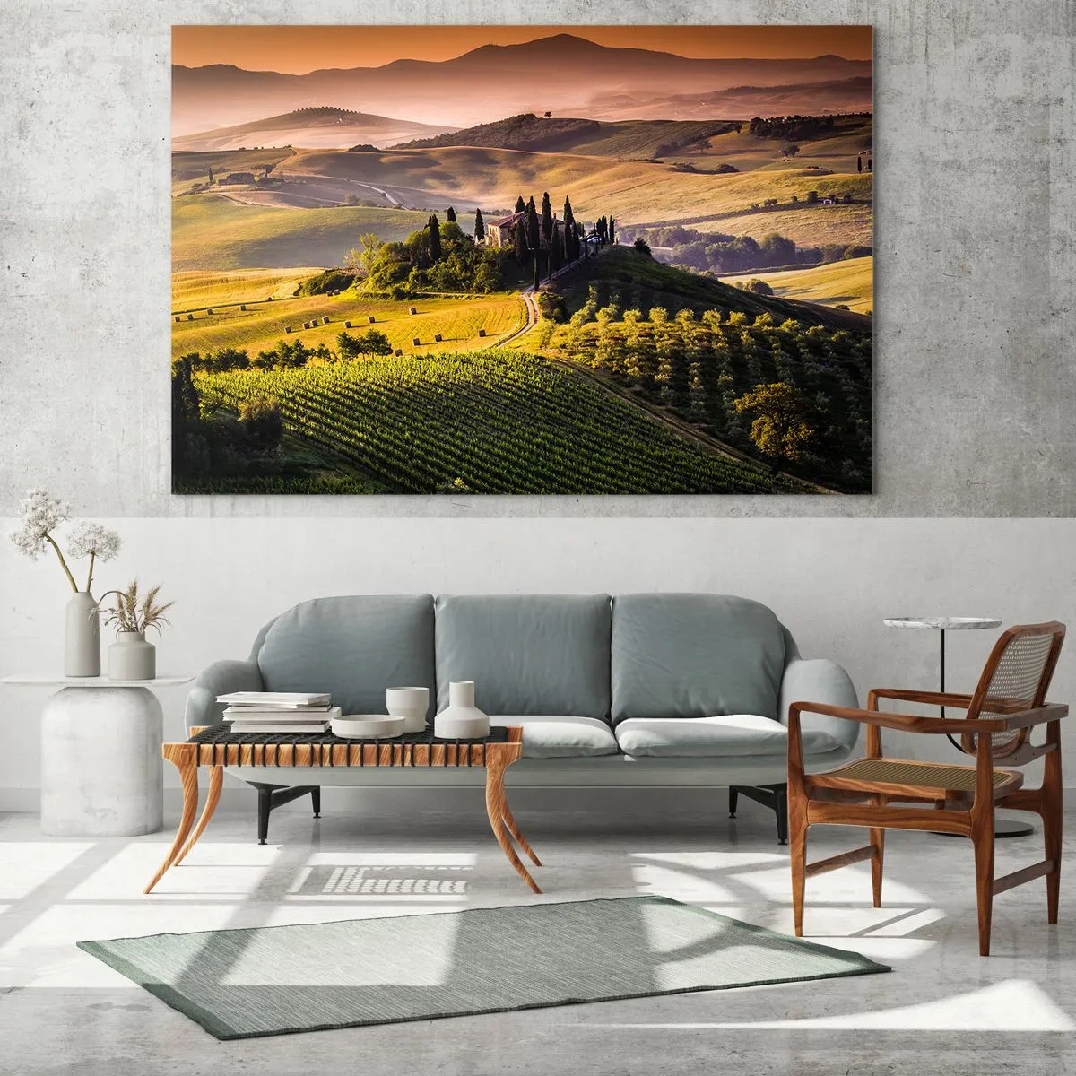Tablou pe sticlă - Peisaj toscan la răsărit - 70x50cm - Arcadia - peisaj toscan - Decorațiune modernă pentru perete pentru living și dormitor ARTTOR