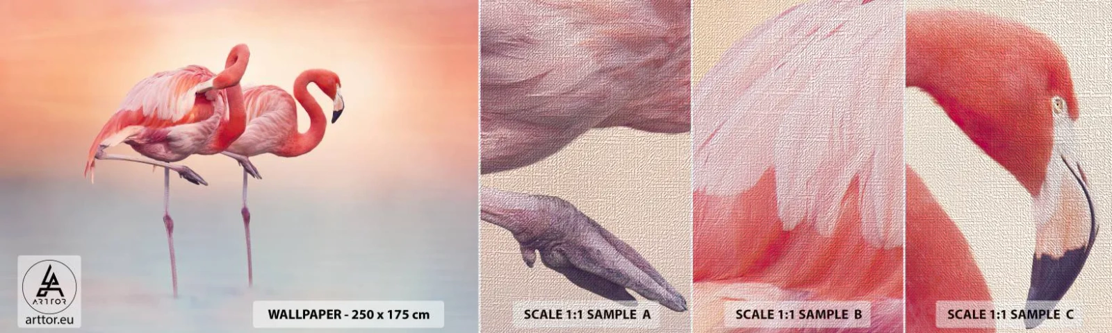 Mostră tapet Premium Canvas - În culoarea soarelui care apune - Flamingos, Păsări, Natură - 100x30 cm