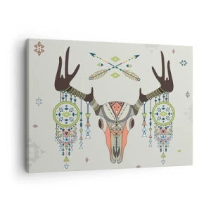 Tablou pe pânză Canvas - Decorațiune boho cu craniu de cerb și captoare de vise - 70x50cm - Trofeul vânătorului indian - Decorațiune modernă pentru perete pentru living și dormitor ARTTOR
