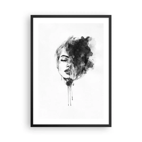 Poster în ramă neagră - Portretul unei femei în acuarelă alb-negru - 50x70cm - La ce visează frumoasa - Decorațiune modernă pentru perete pentru living și dormitor ARTTOR