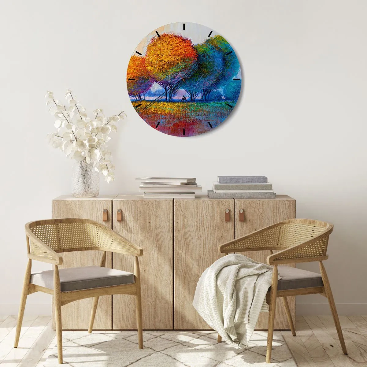 Ceas de perete - Ceas pe sticlă - Un peisaj colorat de copaci cu nuanțe intense - 30x30cm - Coroanele culorilor - Decorațiune modernă pentru perete pentru living, bucătărie și dormitor ARTTOR