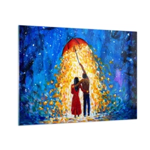 Tablou pe sticlă - Un cuplu sub o umbrelă, înconjurat de lumină aurie pe cerul nopții - 70x50cm - Magia unei seri ploioase? - Decorațiune modernă pentru perete pentru living și dormitor ARTTOR