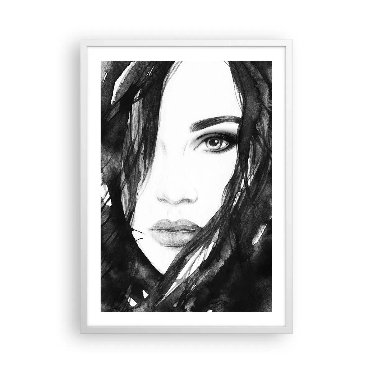 Poster în ramă albă - Studiu unei dame în alb și negru - 50x70 cm