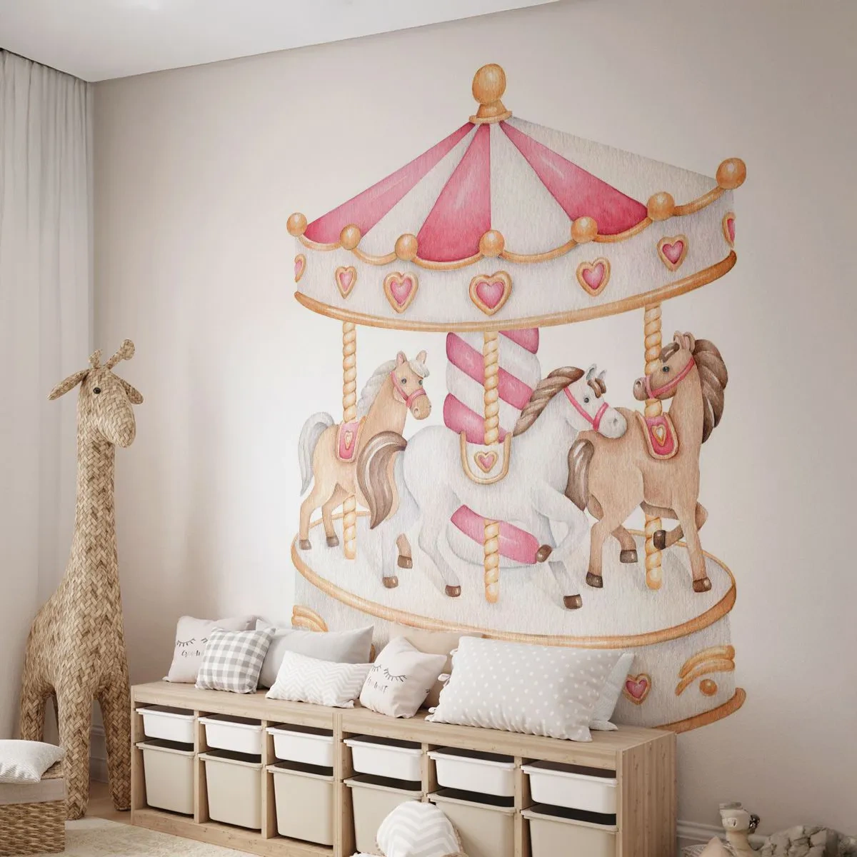 Tapet Standard Eco - Lumea dulce a copilăriei - Carusele, Fetişcană, Cai - 350x256 cm