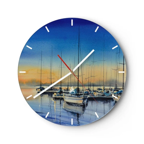 Ceas de perete - Ceas pe sticlă - Bărci cu pânze pe apă la apus, într-un port liniștit - 30x30cm - Sfârșitul unei zile bune - Decorațiune modernă pentru perete pentru living, bucătărie și dormitor ARTTOR